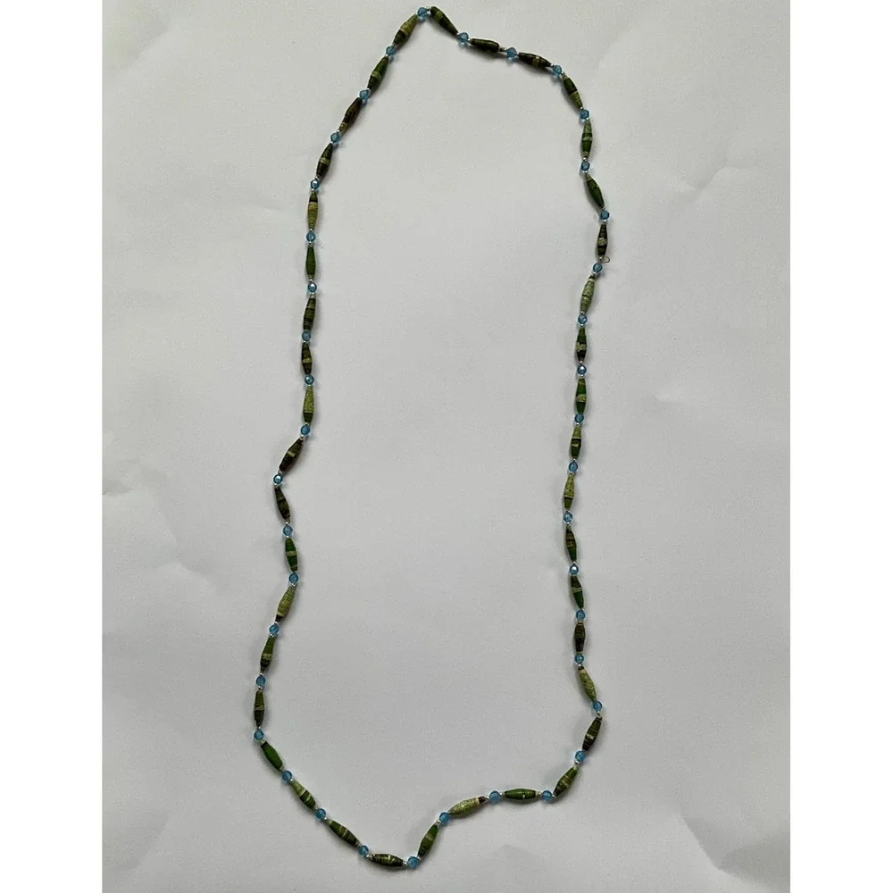Handmade Paper Bead Necklace Green Blue Long Boho Indie Spindle Bead Strand 53in